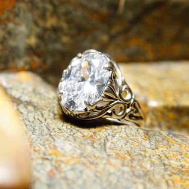 Vintage Dazzling Sterling Silver Simulated Diamond Cocktail Ring, Large Oval Cut CZ Diamond, Ornate Silver Scroll Setting, Size 9 1/2 US 