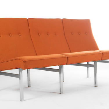 Three Seat Sofa / Bench  in Original Orange Upholstery on a Chrome Base in the Manner of Florence Knoll 