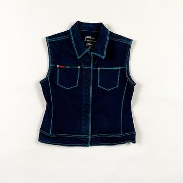 90s FUBU Dark Wash Stretch Denim Vest / Blue Contrast Stitching / Rubber Logo / Large / Streetwear / 00s / y2k / Baby Phat / Sleeveless / 
