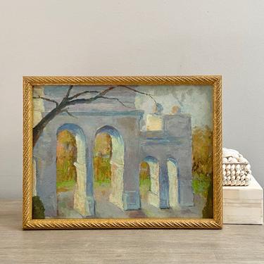 Small Vintage Oil Painting Architectural Ruin Scene 