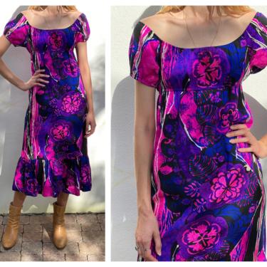 Off Shoulder Dress / Wedding Guest Dress / 1960's Vintage Hawaiian Party Dress / Purple Black Magenta White Floral Print 