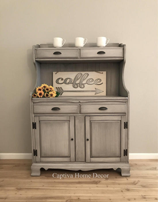 Sold Petite Grey Coffee Station Farmhouse Hutch Water Bar China Cabinet Dry Sink Handpainted Gray Paint Black Wax By Captivahomedecor From Captiva Home Decor Of Berlin Ma Attic