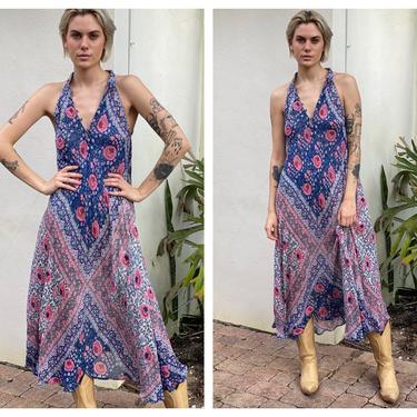 Adini Vintage Indian Cotton Caftan Dress / Hand Blocked Floral Print / Boho Flowy Breezy Dress / Pink and Blue Sleeveless Gown 