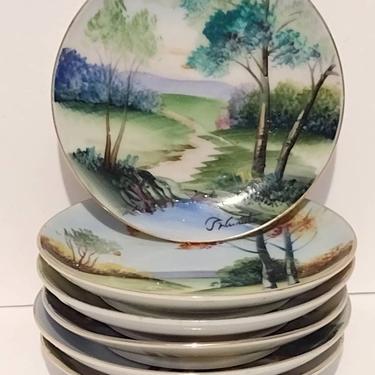 Vintage Hand Painted Porcelain Miniature Trinket Plates Japan Nature Landscapes Lot 4&quot; 