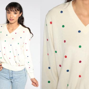 80s Velour Sweatshirt -- Off-White Polka Dot Sweatshirt Soft Long Sleeve Shirt 80s Retro Top 1980s Pullover Sweater Large L 