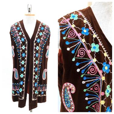 Vintage VTG 1960s 60s Brown Velvet Boho Bohemian Embroidered Vest 