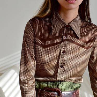 wayne rogers 70s collared chocolate brown polka dot geometric collared blouse 