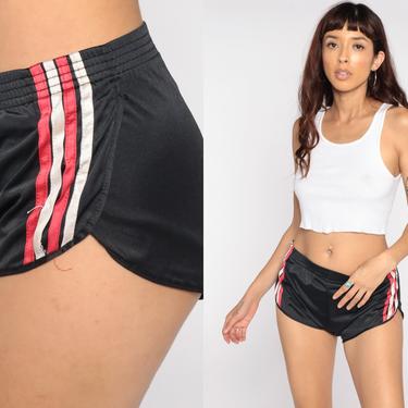 Black Striped Shorts Nylon Gym Shorts 80s Running Shorts Sub 4 Retro Jogging Hotpants Vintage 1980s Hot Pants Small S 