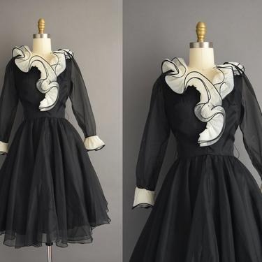 1960s vintage dress | Adorable Black &amp; White Ruffle Long Sleeve Full Skirt Cocktail Party Dress | Small | 60s dress 