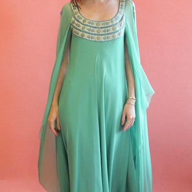 Green silk chiffon draped early 1960s dress Stavropoulos designer XS-S