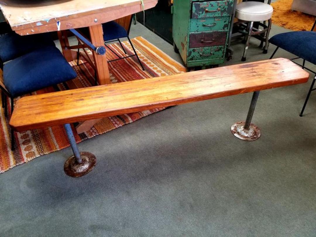 Vintage Industrial wood and steel bench Peg Leg Vintage Beltsville, MD