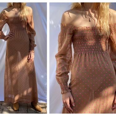 1970s Sheer Maxi Dress / Nude Maxi Dress / Bright Pink Polka Dots on Beige Semi Sheer Maxi Gown / On or Off Shoulder Dress 