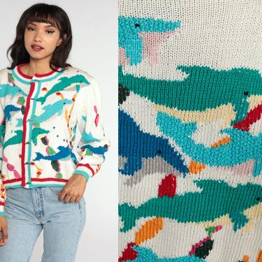 Dolphin Cardigan Sweater 90s Sweater Cotton Novelty Print Sweater Button Up Off-White Animal Sweater Cotton 1990s Vintage Oversized Medium 