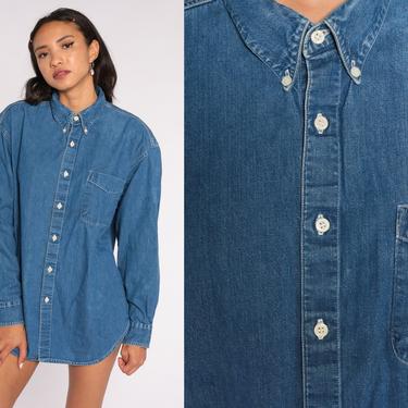 Blue Denim Shirt 90s Shirt Jean Shirt Button Up Top Vintage 1990s Long Sleeve Blue Oxford Shirt Men's Large 