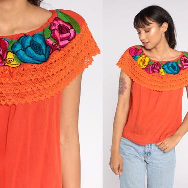 Mexican Peasant Blouse Orange Embroidered Top Hippie Boho Off Shoulder Cotton Tunic Bohemian Floral Vintage Smock Tent Shirt Small S 