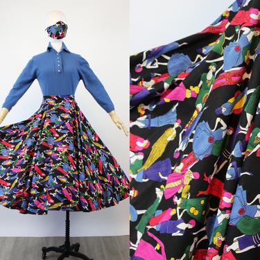 1960s FASHION FIGURES fabric art deco novelty print skirt small | new summer 