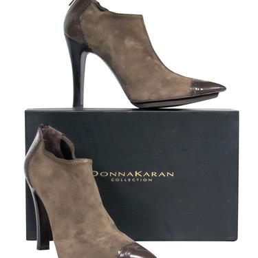 Donna Karan - Taupe &amp; Brown Suede Heeled Booties w/ Patent Leather Trim Sz 7