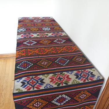 Vintage Embroidered Runner, 11' by 1.5', Extra Long Hand Woven Textile, Bright Multicolor Geometric Pattern, Turkish, Moroccan, Tribal 