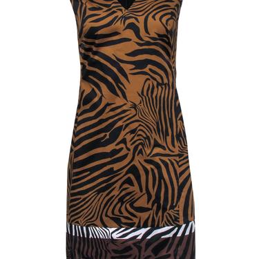 Kobi Halperin - Brown &amp; Black Zebra Print Sleeveless Sheath Dress w/ Colorblocked Hem Sz L