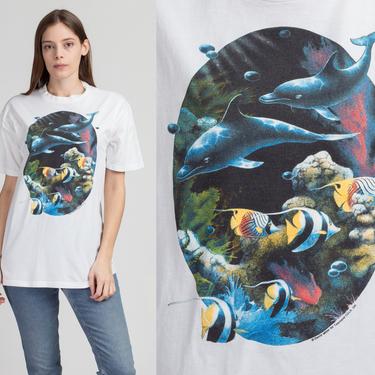 90s Dolphin Graphic Tee - Medium to Large | Vintage White Cotton Fish T Shirt 