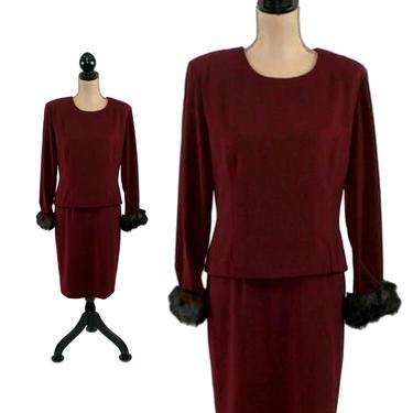 Burgundy Dark Red Long Sleeve Midi Cocktail Dress Women Large, Winter Dress with Faux Fur Cuffs, Vintage Clothing Positive Attitude Size 14 