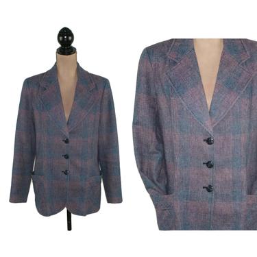 80s Wool Tweed Blazer Women, Pink & Blue Plaid Jacket Large, Preppy 1980s Clothes Women, Vintage Clothing from Jantzen Made in the USA 