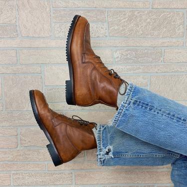 Vintage Cole Haan Country Cognac Leather Lace Up Ankle Boots / Women's Size 8.5 9 