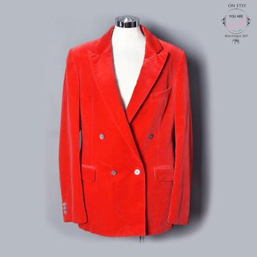 Oscar dela Renta Red Velvet Mens Double Breasted Blazer Jacket, Vintage 1970's, 80's, 1980's, Chest Size 40&amp;quot; / 42&amp;quot;, designer Suit Jacket 