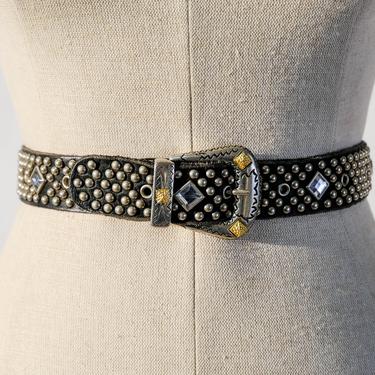 Vintage 80s Heavily Studded Black Leather Adjustable Belt w/ Rhinestone | Handmade UNISEX, ONSFA | 100% Genuine Leather | 1980s Studded Belt 