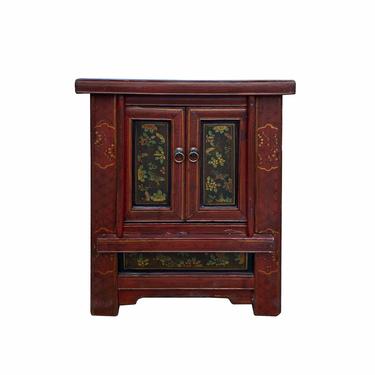 Chinese Vintage Brick Red Flower Graphic End Table Nightstand cs7070S