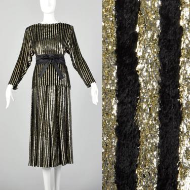 M 1980s Caroline Charles Gold Black Skirt Set Striped Formal Designer 
