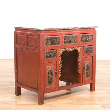 Asian Teak Ceremonial Buffet Console Table W Marble Top