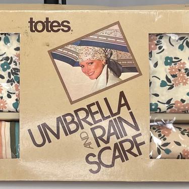 Vintage 1970s Totes Rain Scarf and Umbrella Set 