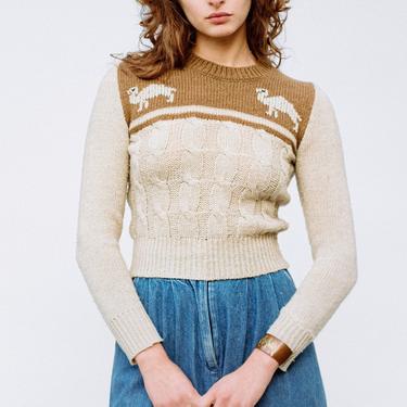 70s Novelty Knit Camel Sweater - Extra Small | Vintage Wool Cable Knit Two Tone Brown Cropped Pullover 