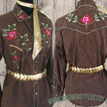Cattlelac Ranch, Vintage Retro Western Women's Cowgirl Shirt, Rodeo Queen, Embroidered Flowers & Leaves, Tag Size Large (see meas. photo) 