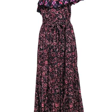 Free People - Black &amp; Pink Floral Print Belted Maxi Dress w/ Plaid Trim Sz S