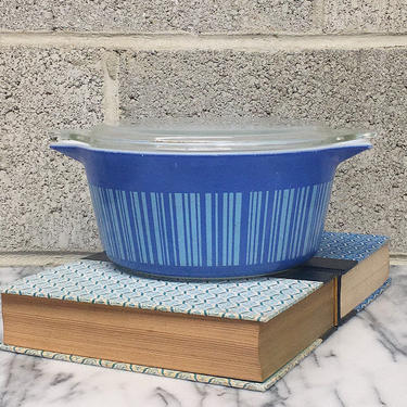 Vintage Pyrex Casserole Retro 1960s Blue Stripe + Barcode Pattern + #474-B + Ceramic with Glass Lid + Promotional + Kitchen Decor + Ovenware 