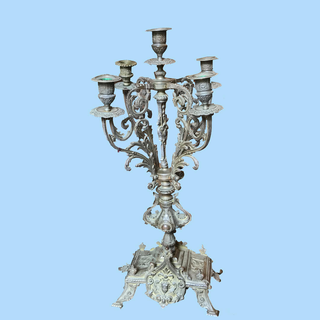 Antique, Gothic Revival, Gilt Brass, Jeweled Nine-Light