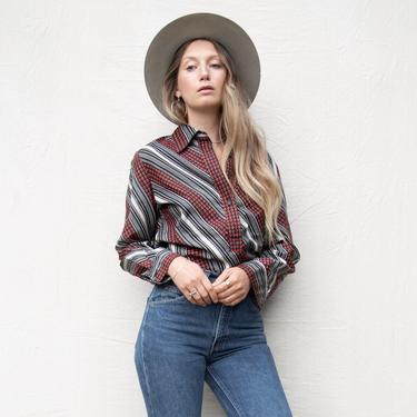 70's Disco Shirt, Abstract Contessa Monique By Florence Alper Striped Blouse, 1970's Vintage Blouse, Red White Black Pointy Collar 