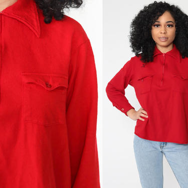 Red Pendleton Shirt Wool Shirt 70s Zip Up Shirt Vintage Long Sleeve Chest Pocket Grunge Flannel Plain Medium Large 