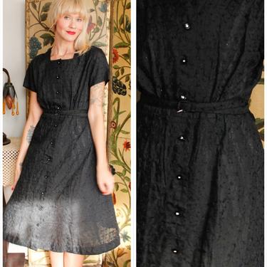 1950s Dress // Black Embroidered Eyelet Shirtwaist Dress // vintage 50s dress 