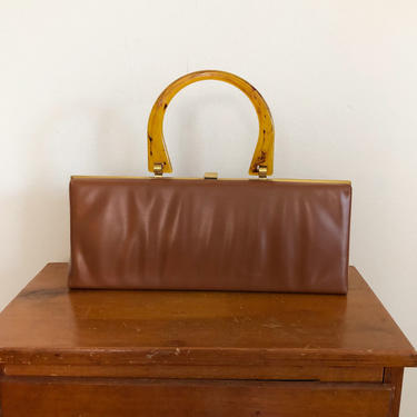 Tan Rectangular Box Bag with Lucite Handle - 1960s 