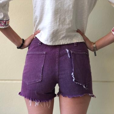 Vintage Jean Shorts / 30" Waist / Purple Denim Cut Offs / 1970's CHEAP Jeans Shorts / Festival Hipster / Jean Shorts / Coachella / Patched 