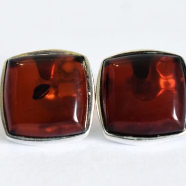 Classic 60's red amber sterling rounded square studs, handsome mid-century 925 silver Baltic amber post earrings 