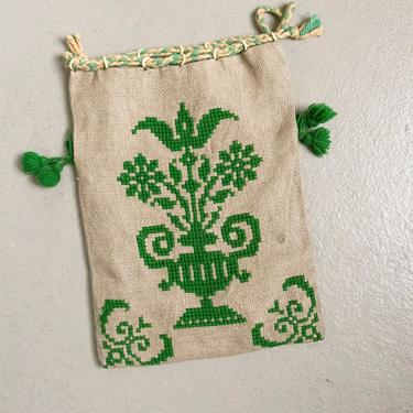 1940s Purse Embroidered Linen Drawstring Bag 