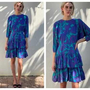 1980s Silk Dress / Ruffle Skirt Silk Cocktail Dress / Cyan and Purple Silk Floral Print / Dolman Sleeve Nipped Waist Dress 