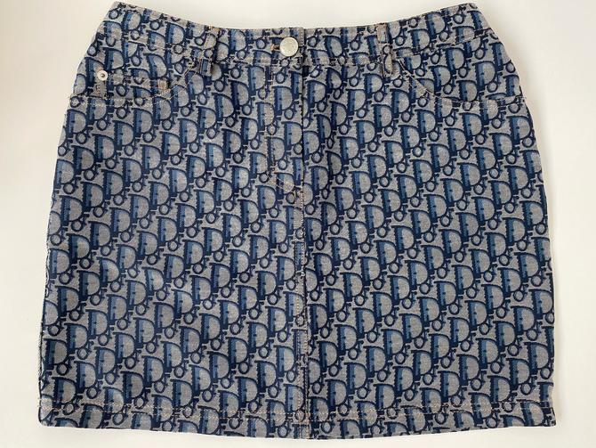Vintage CHRISTIAN DIOR Monogram Trotter Oblique Logo Blue Denim Skirt, Moonstone Vintage