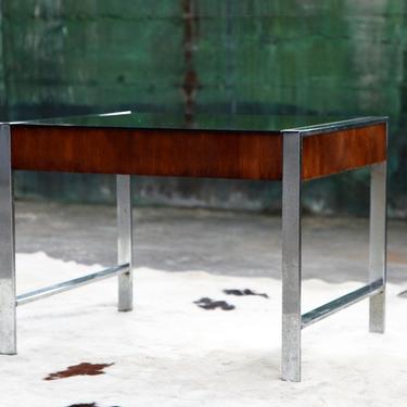 Stunning Milo Baughman Mid Century Smoked glass + Chrome + walnut end coffee cocktail table MCM Designer 