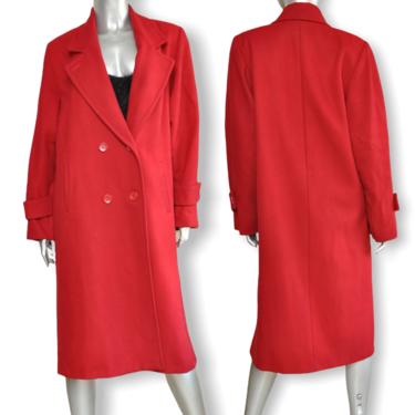 100% Wool Cranberry Red Double Breasted Coat Mid Calf Vintage Womens Coat M/L 