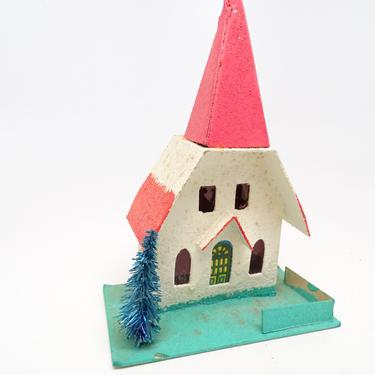 Vintage 1950's Church House Light Cover Ornament for Christmas Putz or Nativity, Antique Retro Decor, Loofa Sponge Tree 
